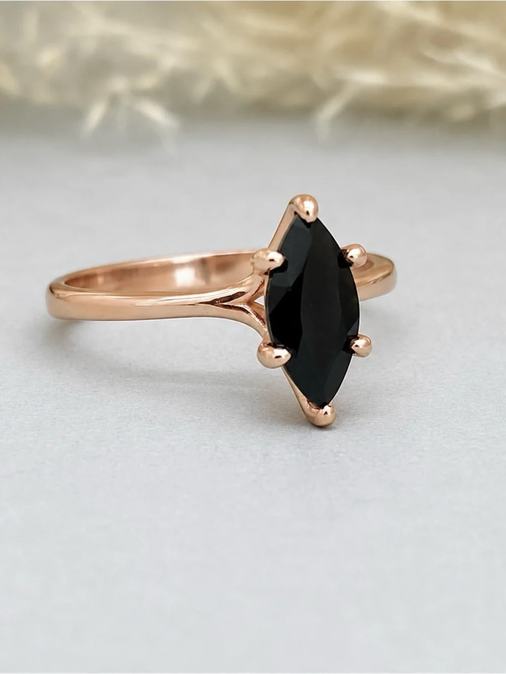 Rose Gold Black CZ Marquise Cut Solid Sterling Silver Solitaire Stackable Ring